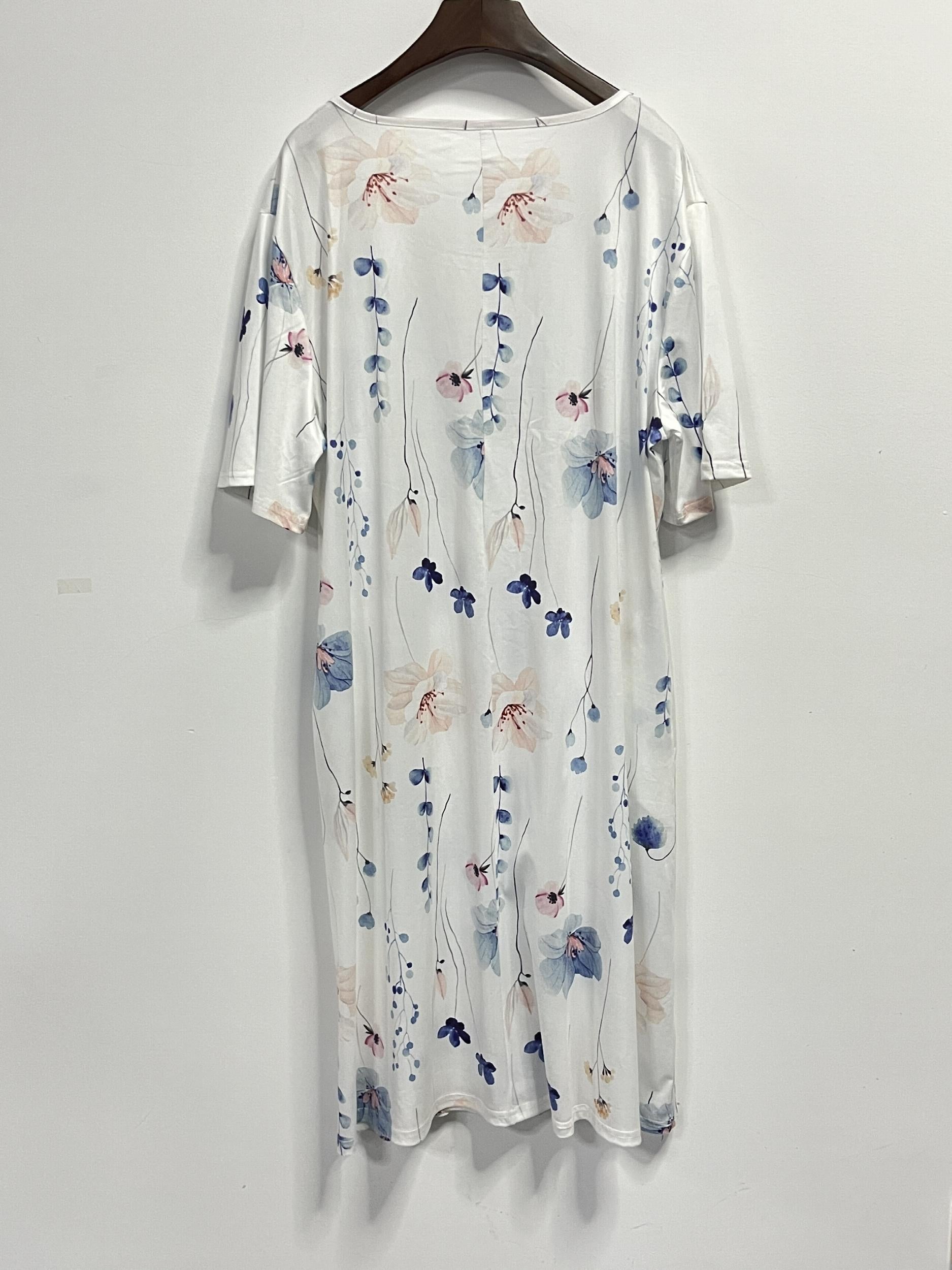  Floral Print Short Sleeve Pleated Dress With Pockets