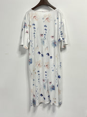  Floral Print Short Sleeve Pleated Dress With Pockets