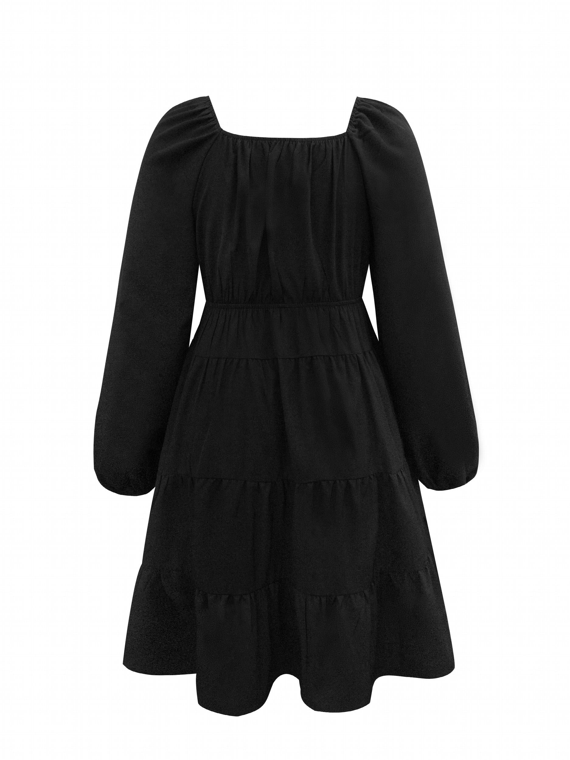  Lantern Sleeve V Neck Smock Pleated Dress