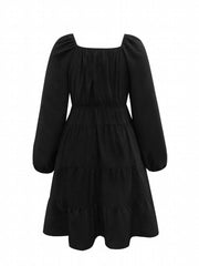  Lantern Sleeve V Neck Smock Pleated Dress