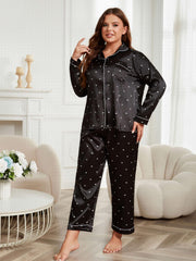 Satin Heart Print Pajama Set Shirt & Pants Lounge Two Piece