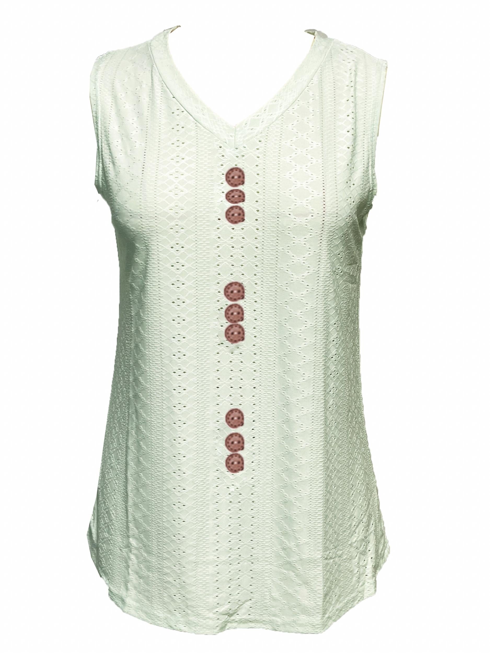 Eyelet Solid Top V Neck Summer Sleeveless Top