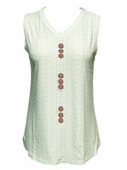 Eyelet Solid Top V Neck Summer Sleeveless Top