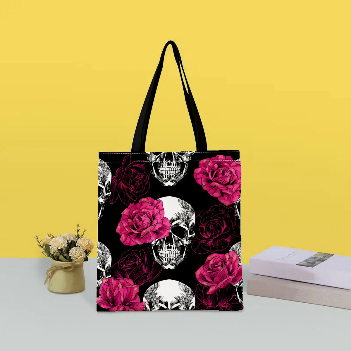 Canvas Tote Bag Skull & Floral Print Lightweight Shopping Bag