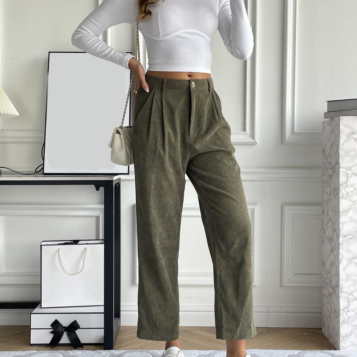  Corduroy High Rise Straight Leg Pants