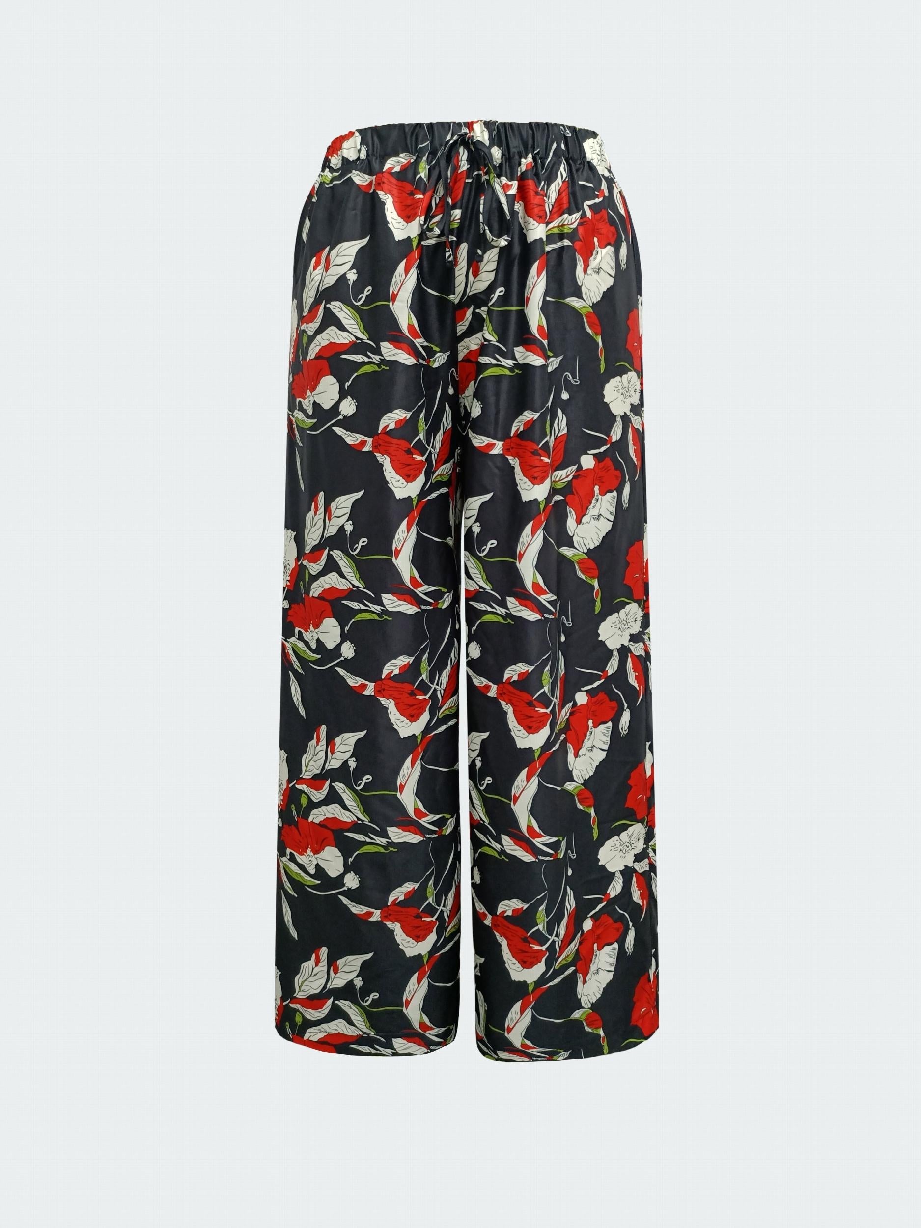 Floral Print Elastic Wide Leg Pants