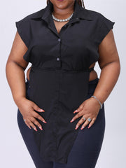 Y2k Blouse Cap Sleeve Button Up Turn Down Collar Top