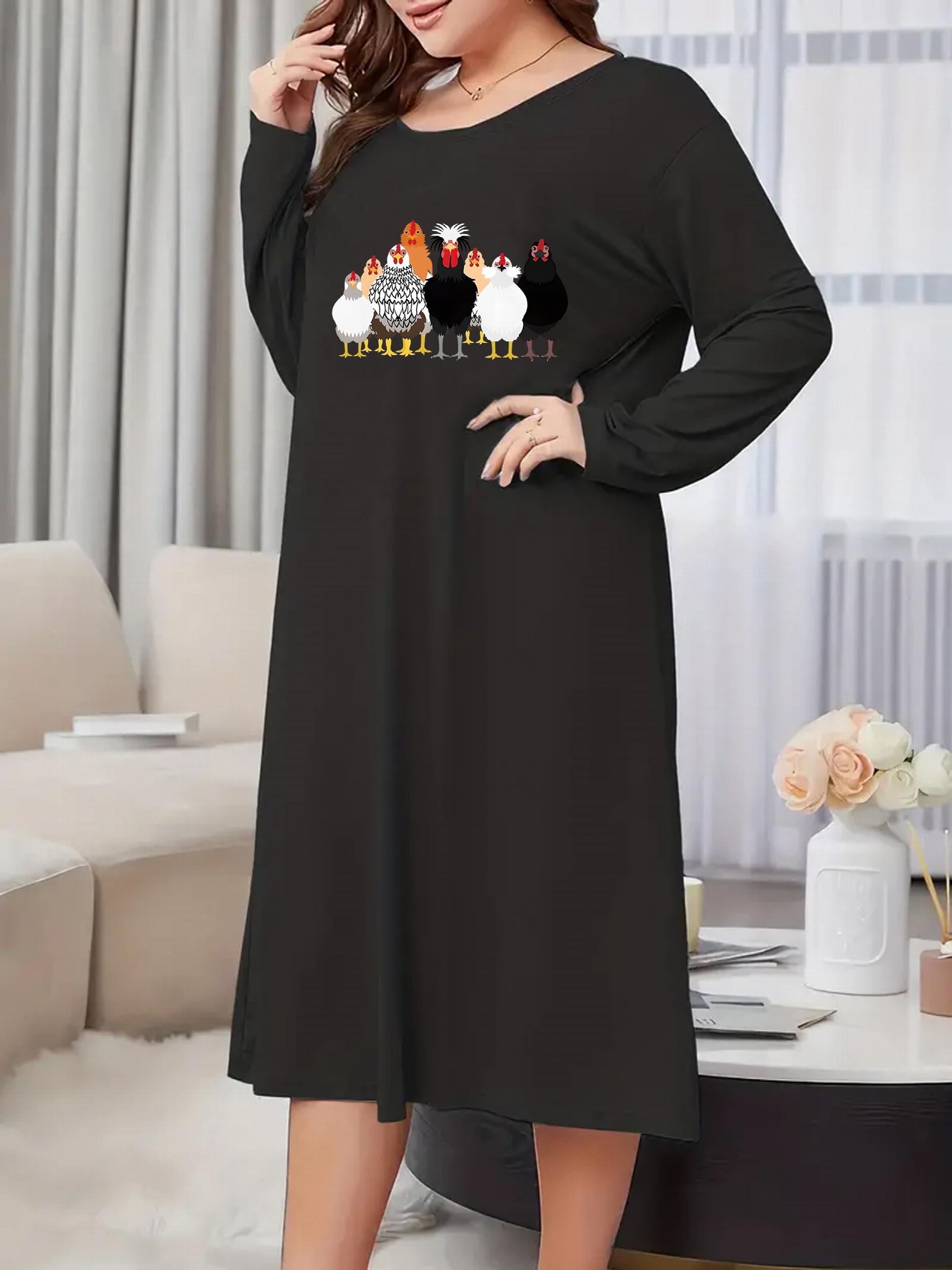  Cartoon Chicken Print Long Sleeve Nightdress