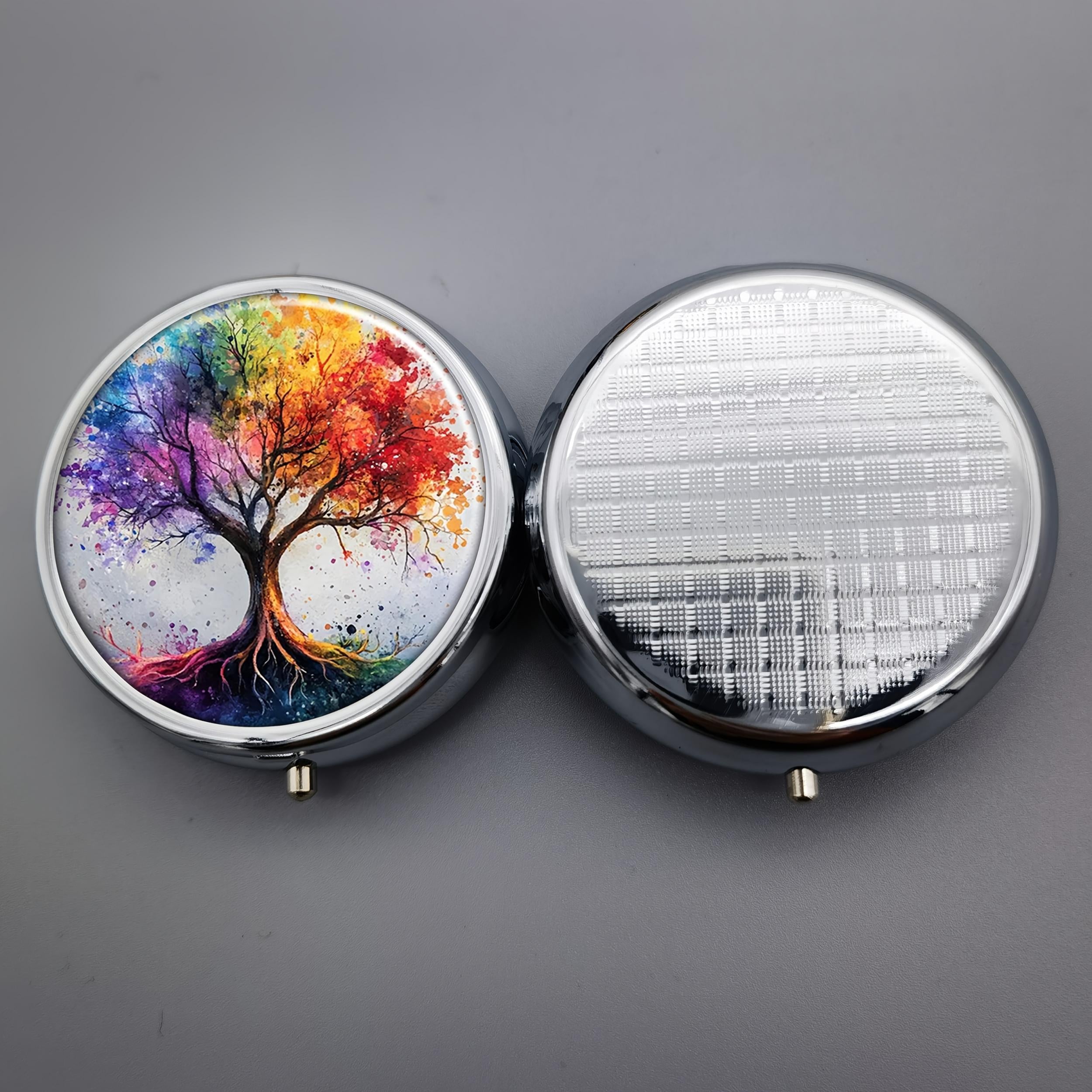 Pill Box 3 Compartment Metal Organizer - Vintage Tree Design