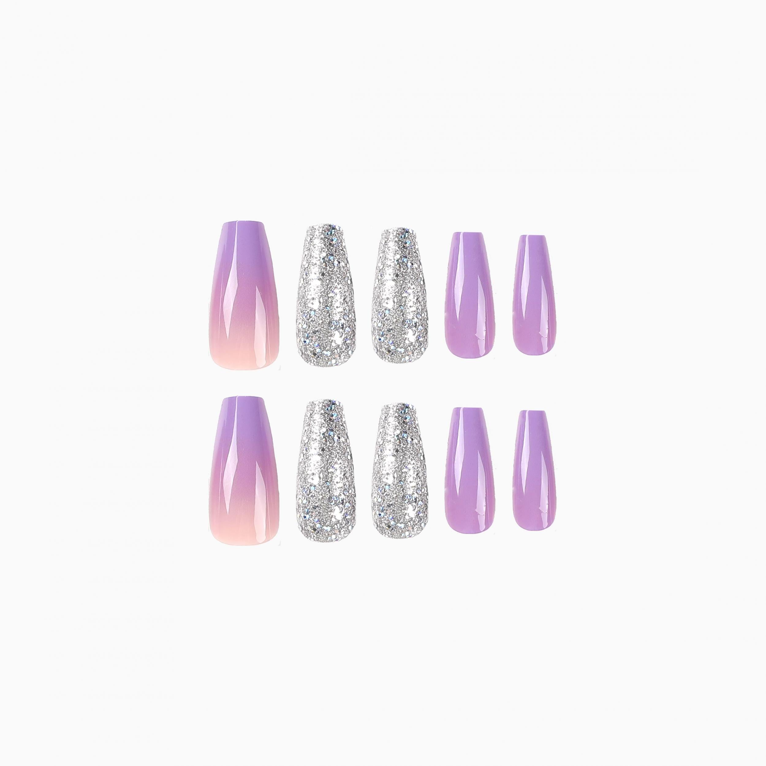 24 pcs Gradient Purple Coffin Glitter Press On Nails Glossy False Nails