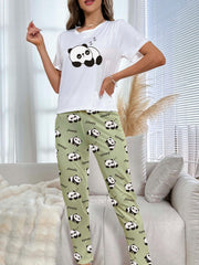 Cartoon Print Pajama Set & Crew Neck Top & Lounge Pants Women's Sleepwear