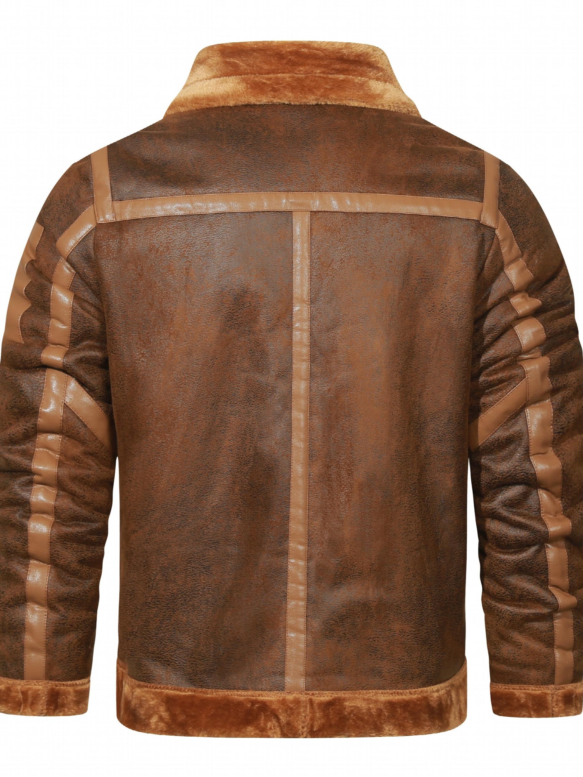 Men's Fleece PU Biker Jacket Zip Up Lapel Leather Jacket