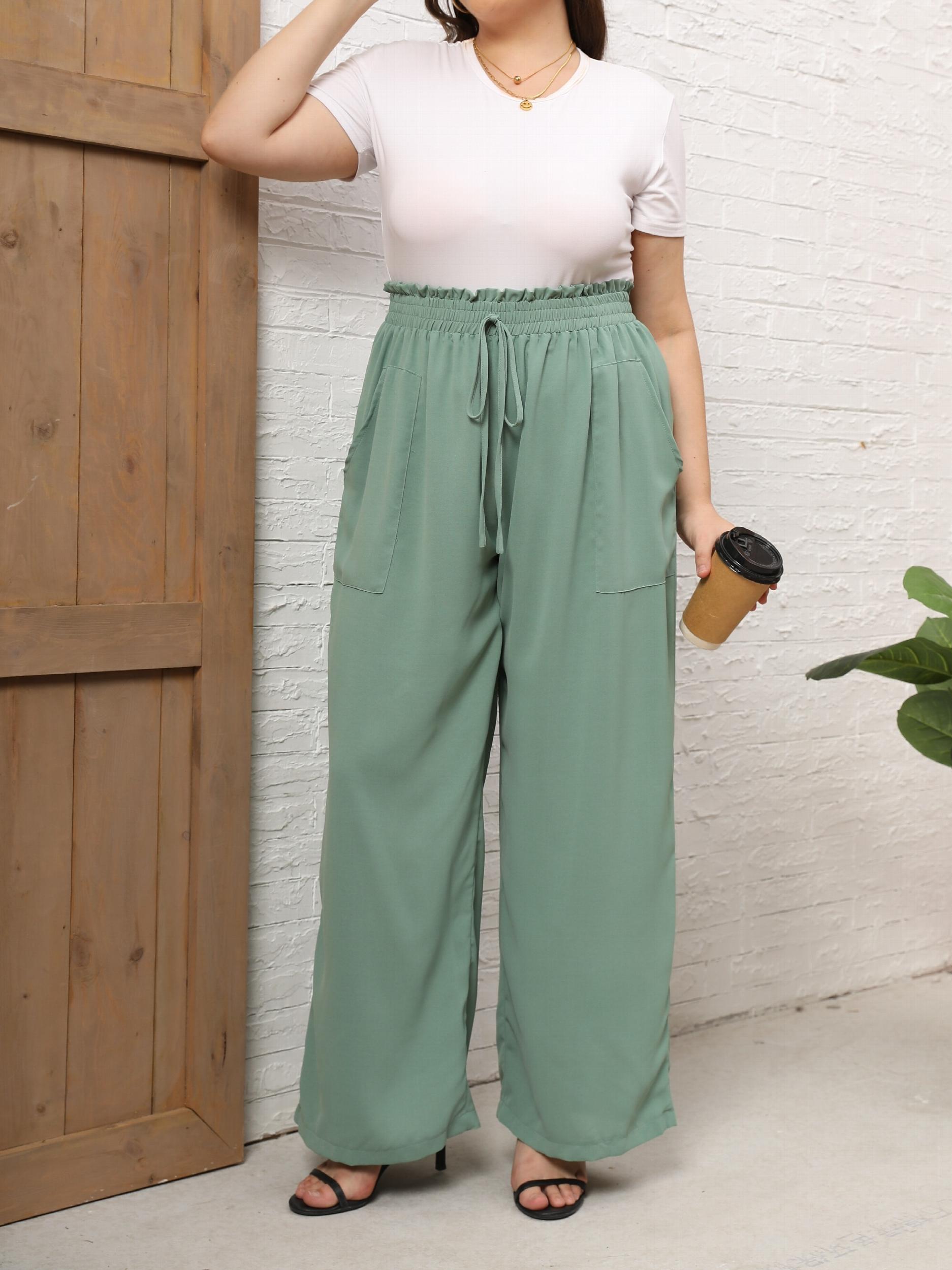  Ruffle Trim Wide Leg Pants With Pockets