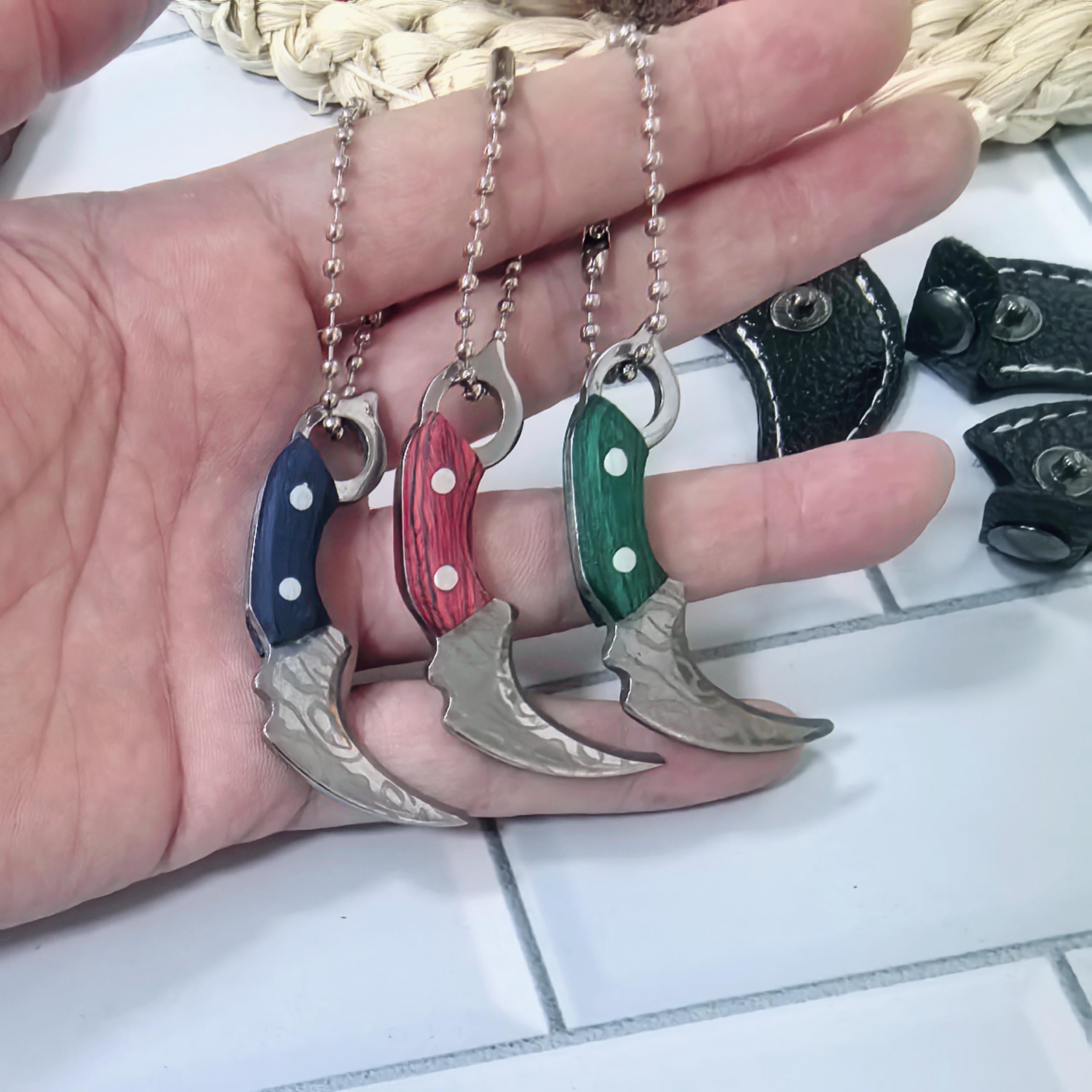 Green red wooden handle mini stainless steel keychain with leather cover
