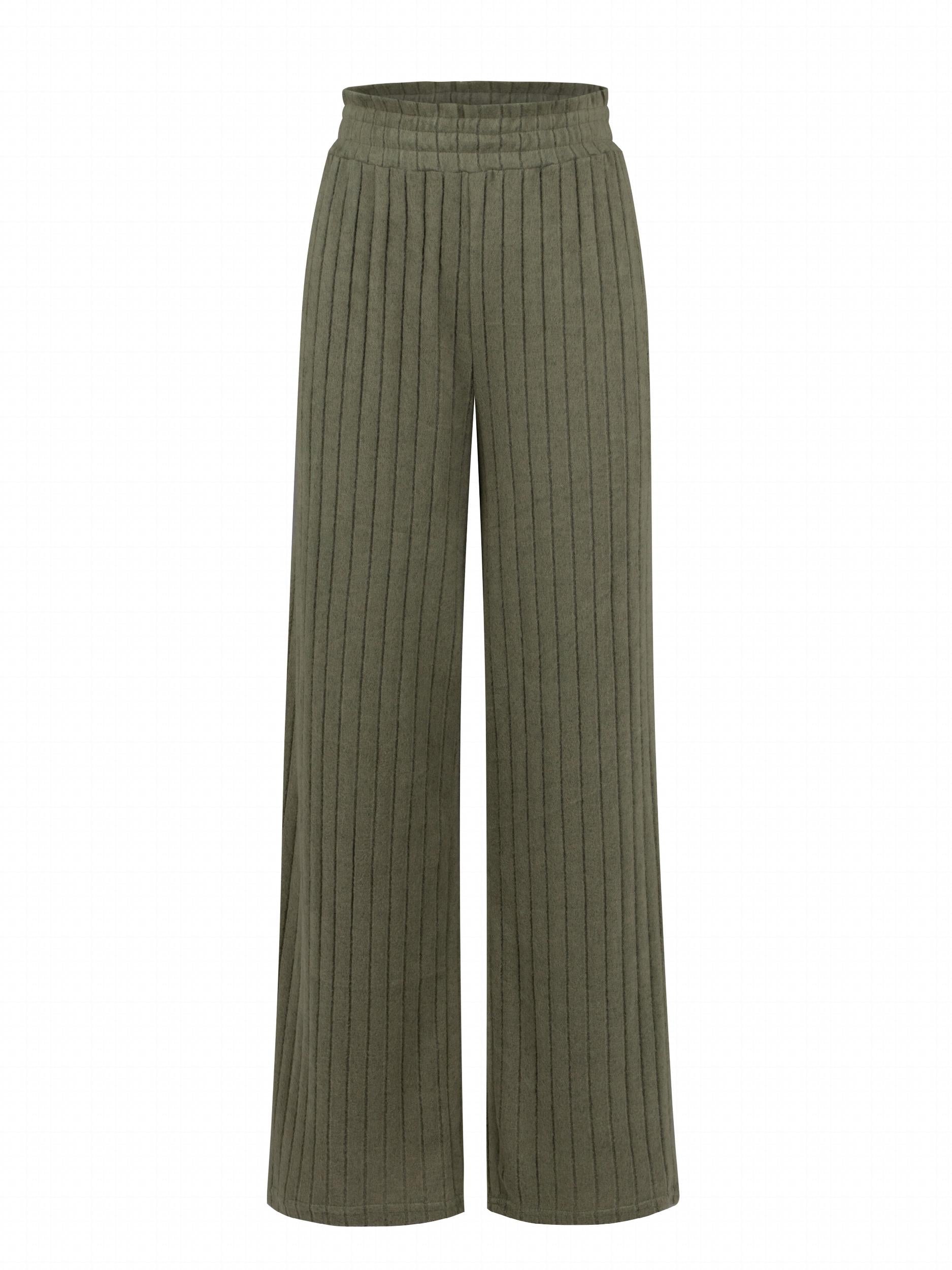  Wide Leg Trousers High Rise Solid Elastic Ribbed Casual Pants