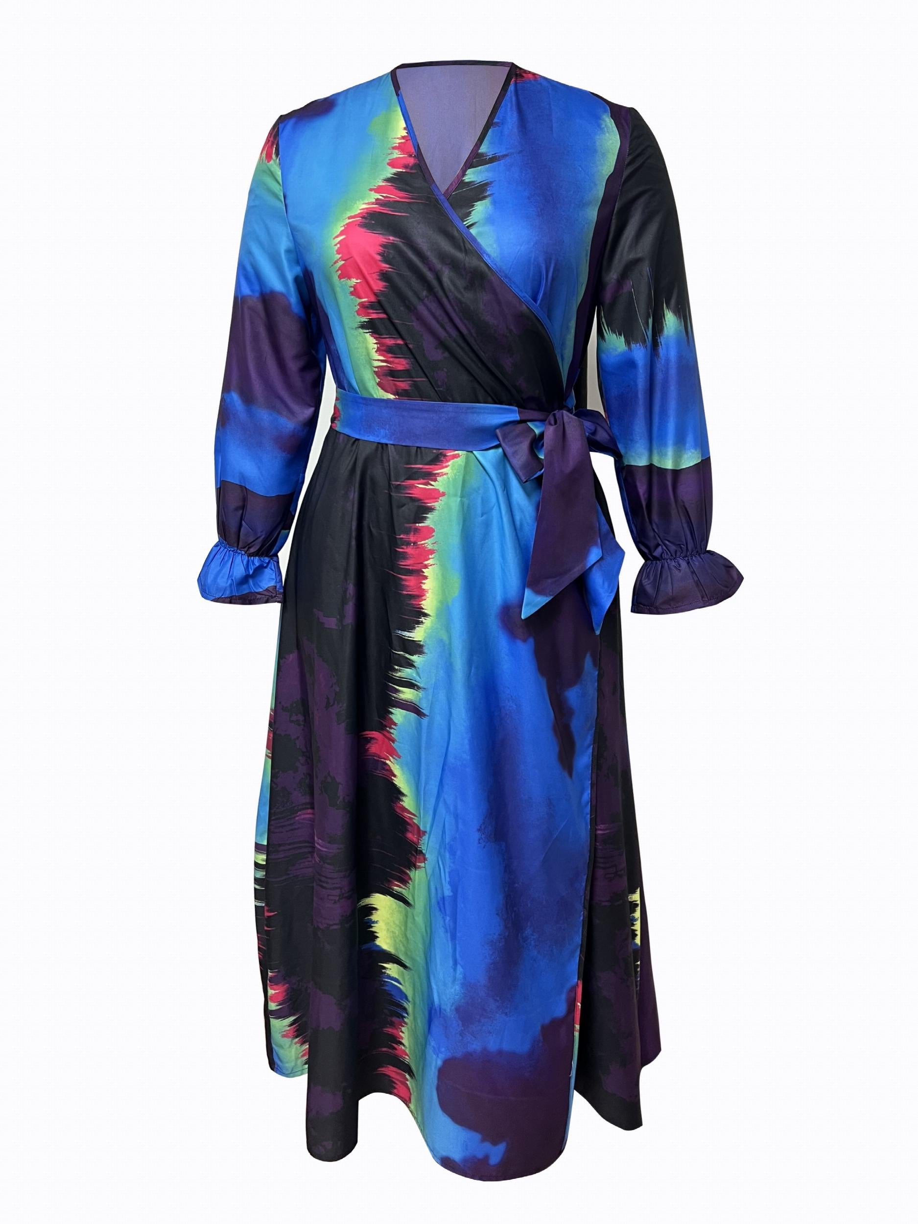  Tie Dye Lantern Sleeve Maxi Wrap Dress