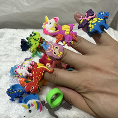 16pcs Silicone Ring Toy PVC Cartoon Unicorn Dinosaur Mermaid Soft