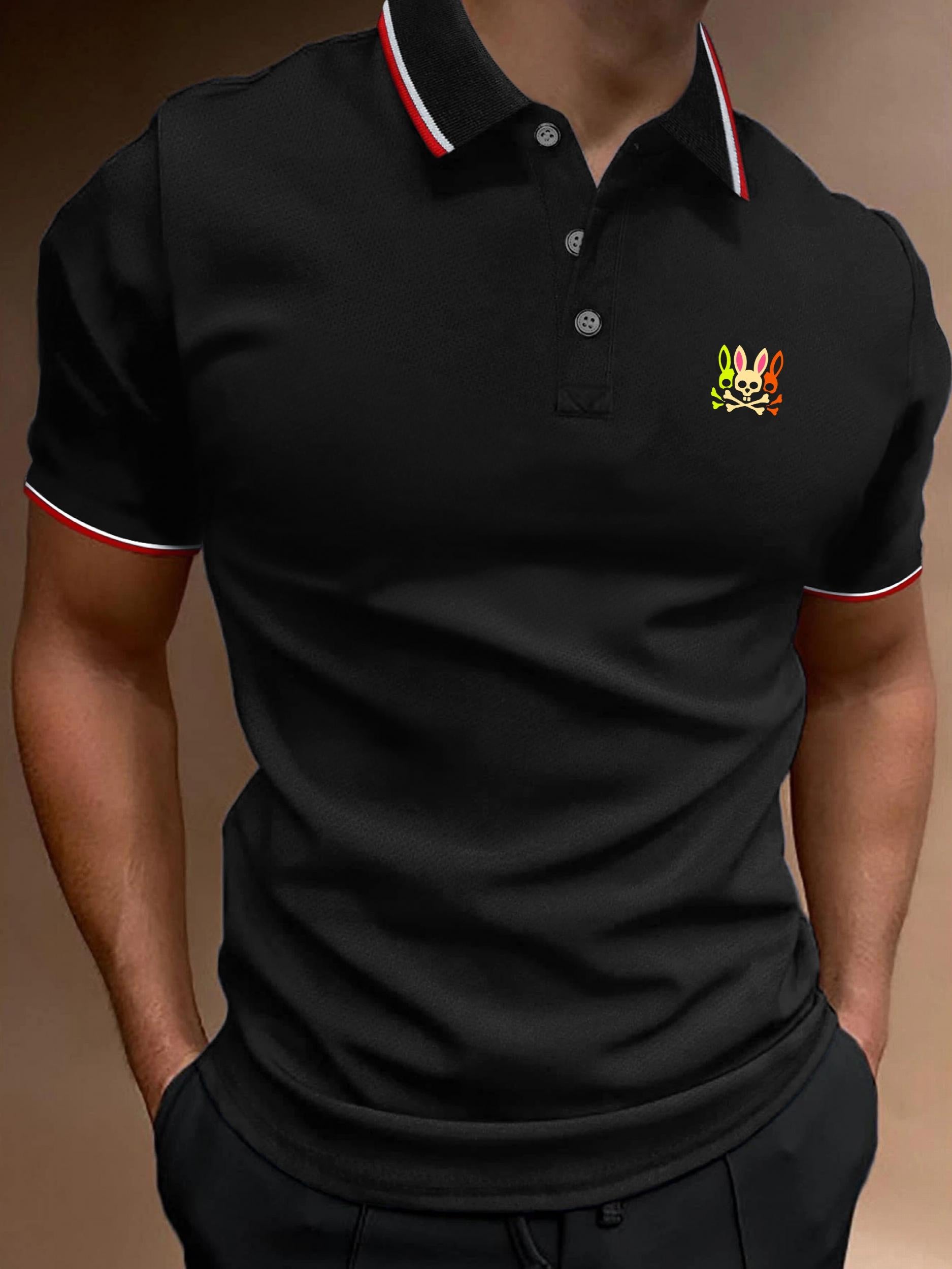 Men's Vintage Cartoon Print Polo Shirt Casual Lapel Button Up Polo Shirt