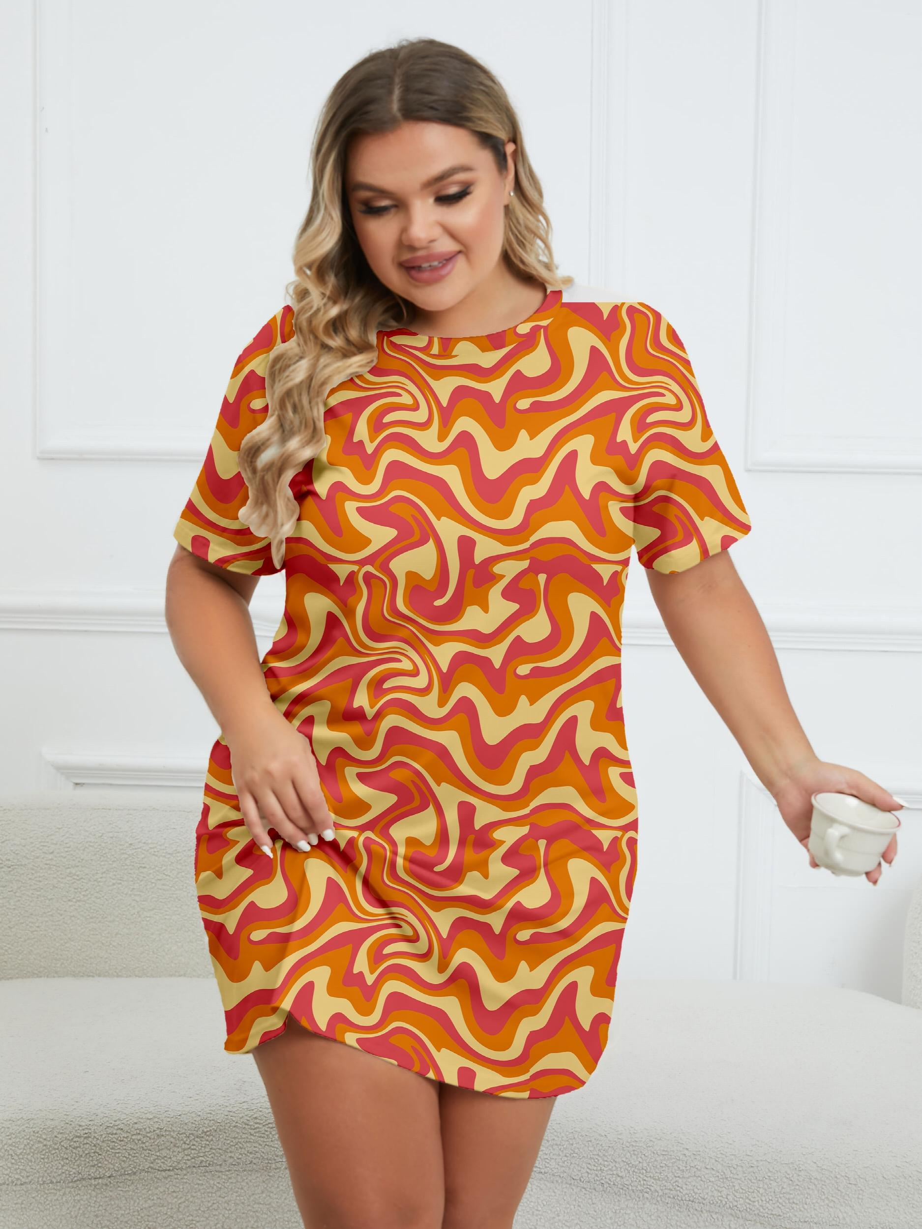 Wavy Print Round Neck Short Sleeve Dress