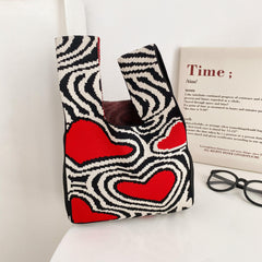 Heart Pattern Crochet Bag Colorblock Handbag for Women