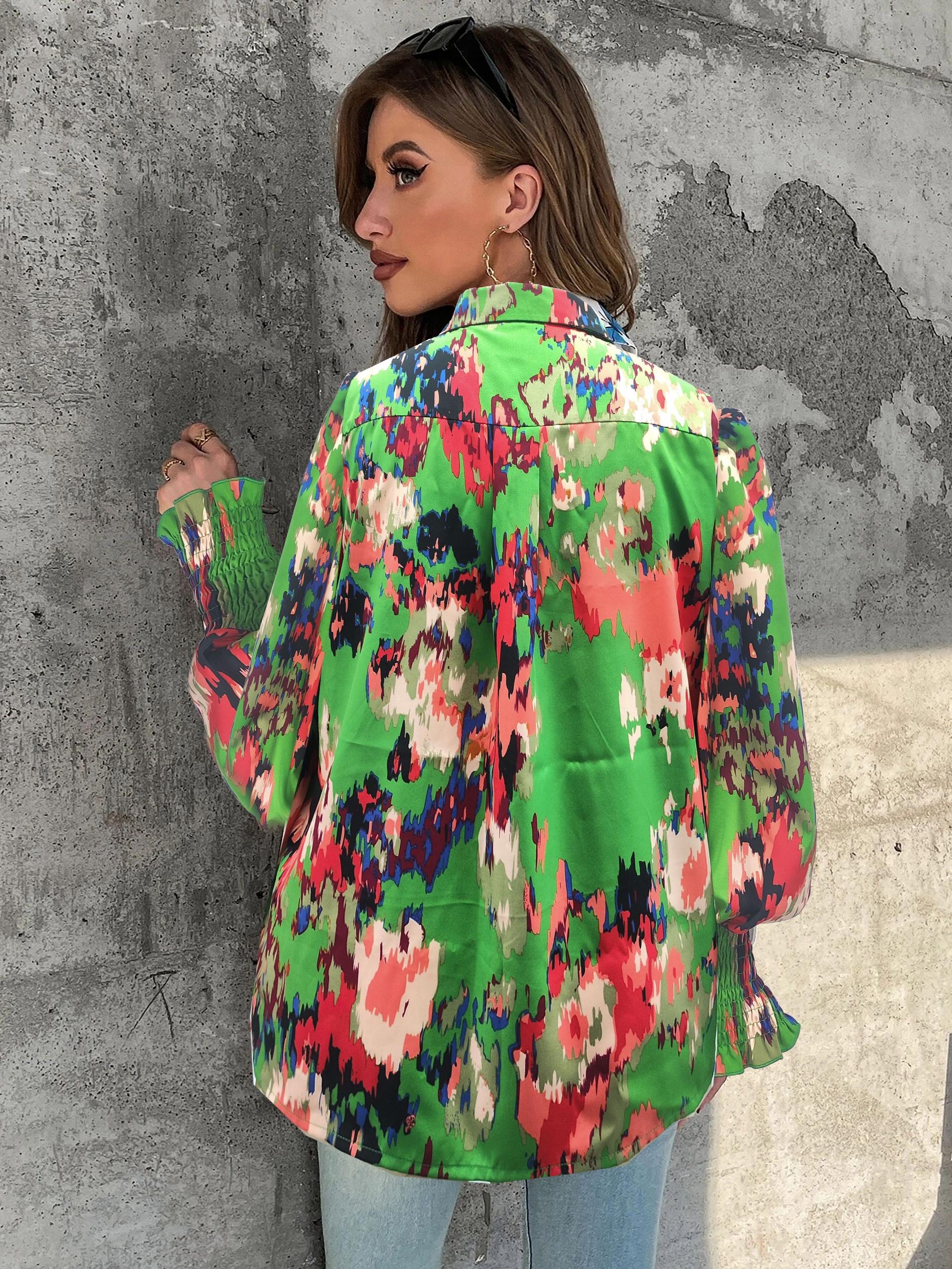  Colorblock Button Up Lantern Sleeve Blouse