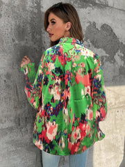  Colorblock Button Up Lantern Sleeve Blouse