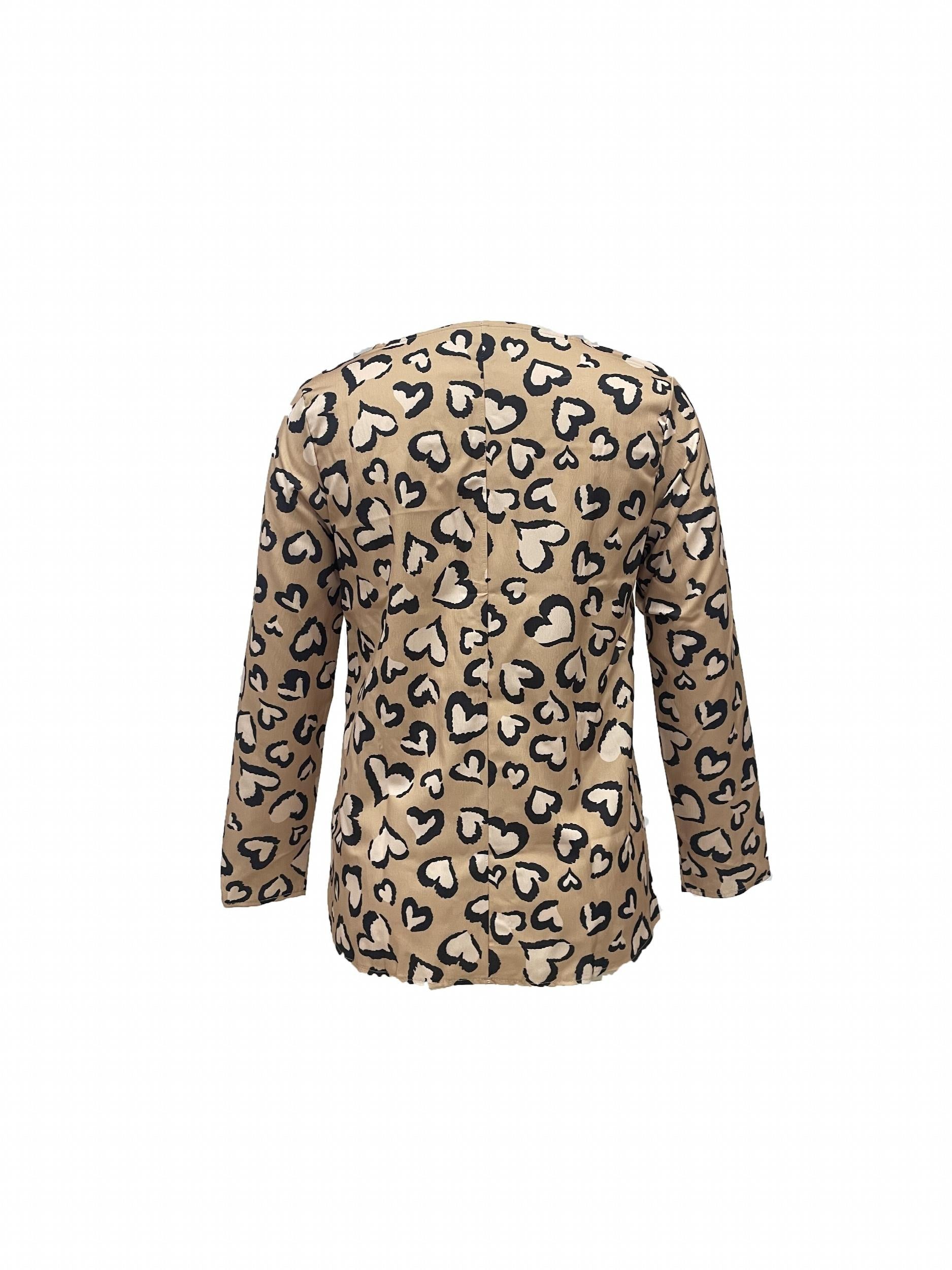  Heart Print Button Up Blouse Long Sleeve V Neck