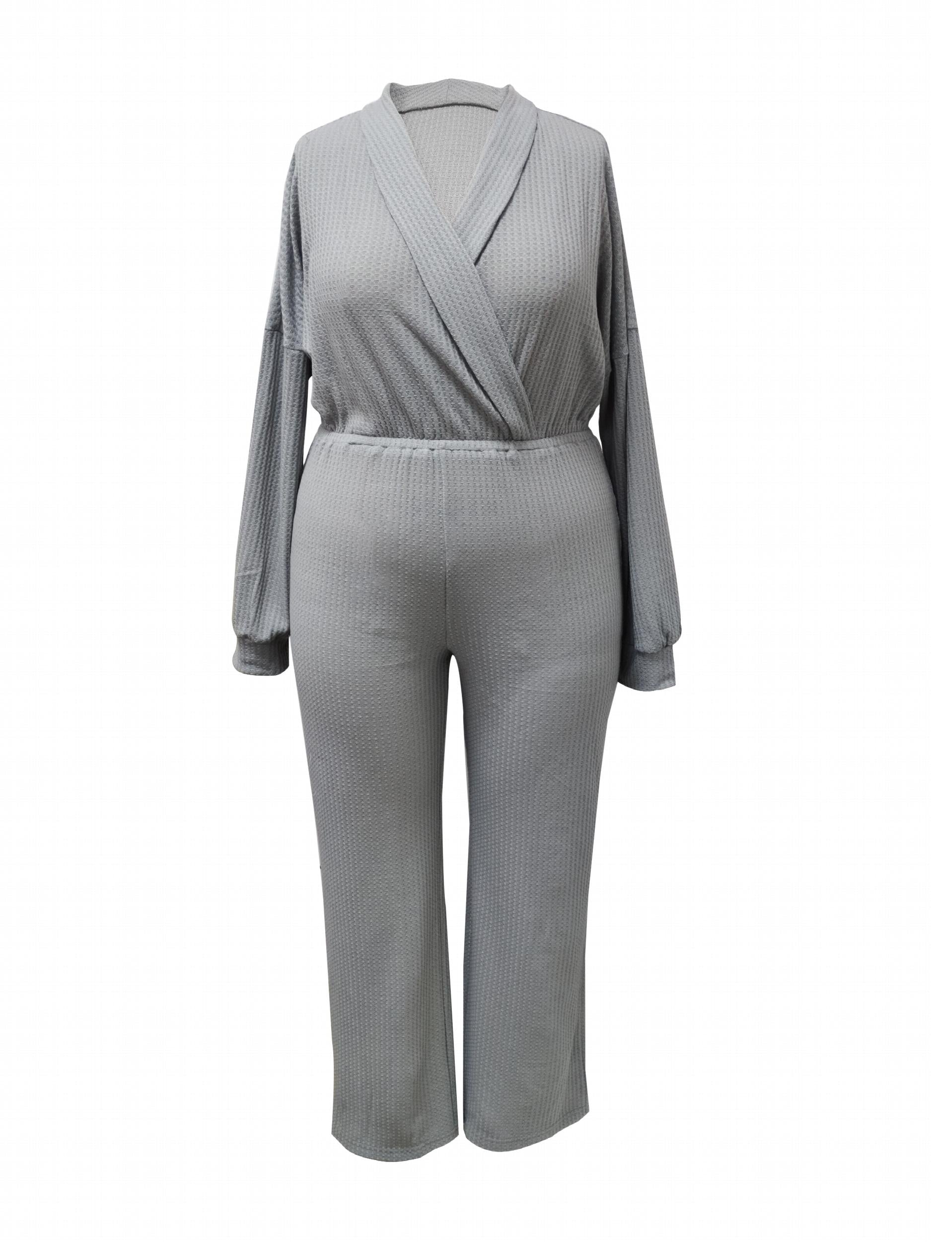  Solid Waffle Pattern Long Sleeve Jumpsuit