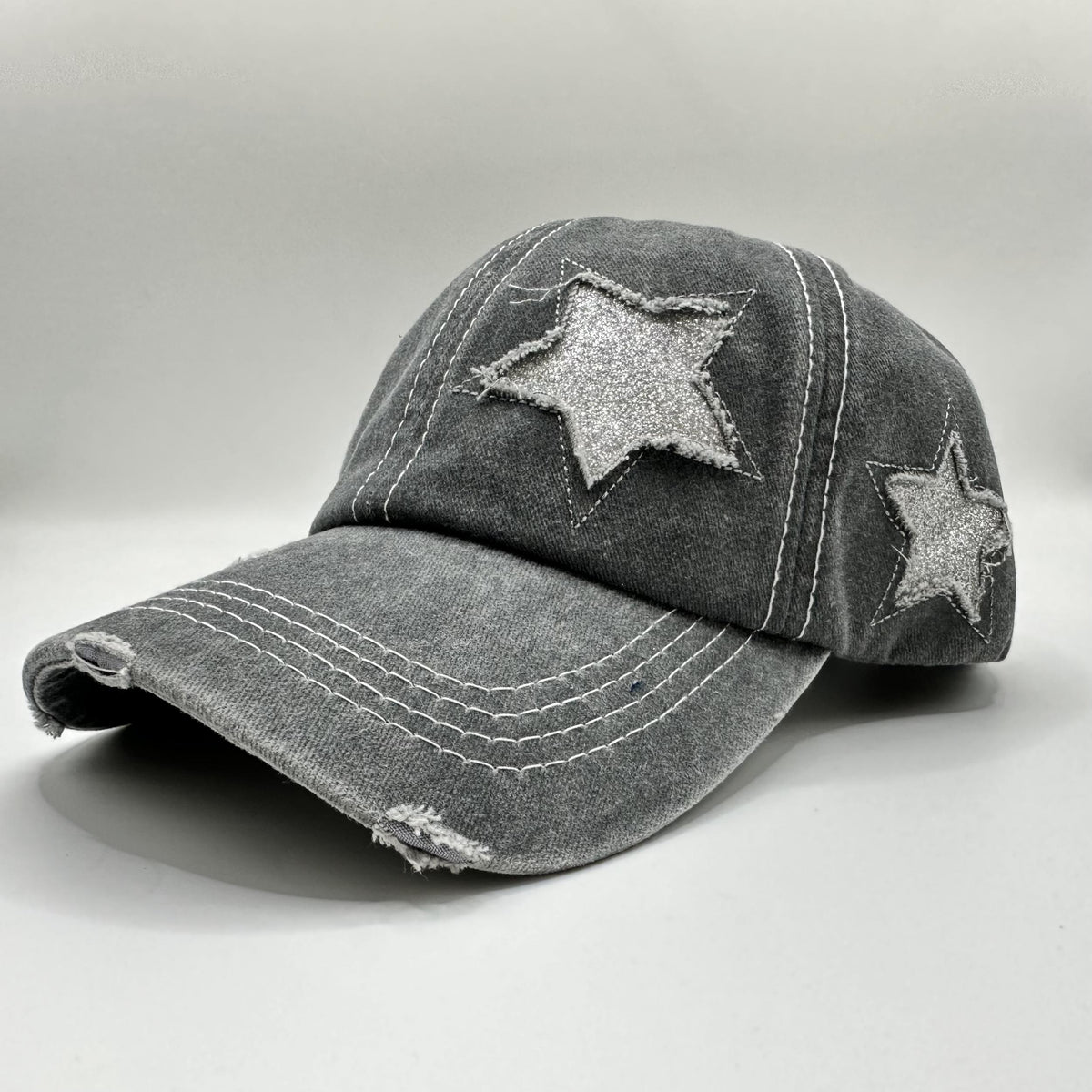 Glitter Star Ripped Baseball Cap Distressed Dad Hats Women