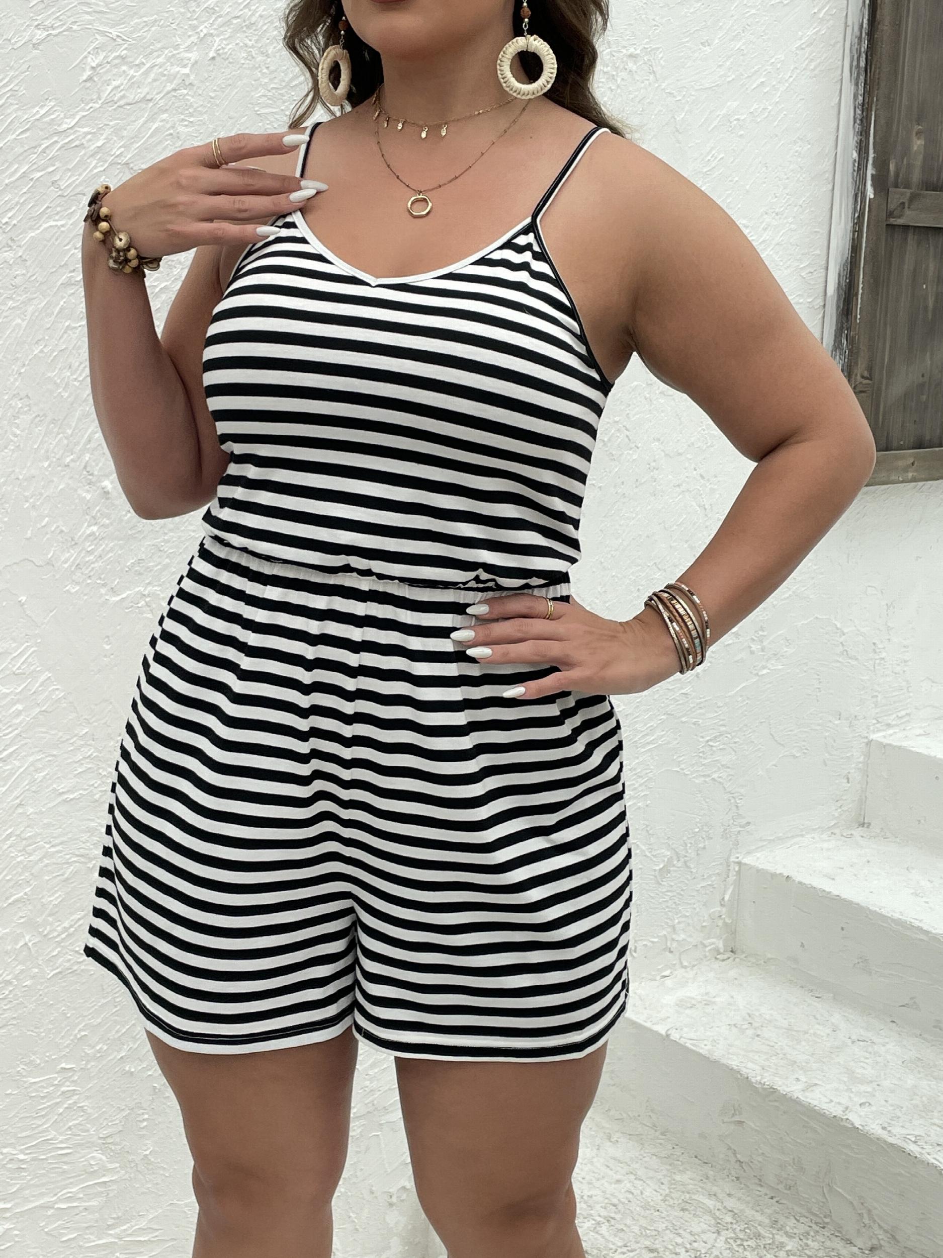  Stripe Print V Neck Stretch Romper