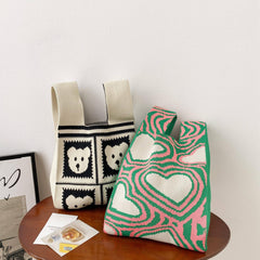 Heart Pattern Crochet Bag Colorblock Handbag for Women