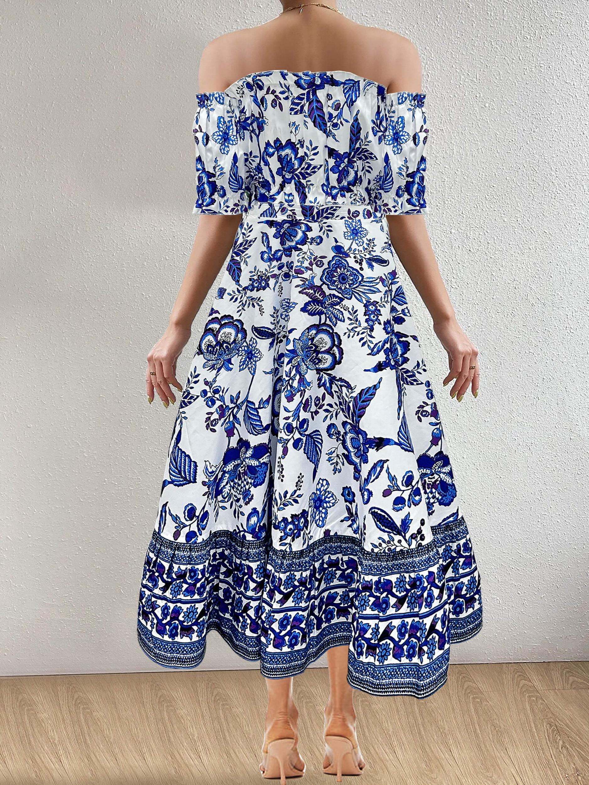  Floral Print Bubble Sleeve Off Shoulder Crop Top & Skirt Set