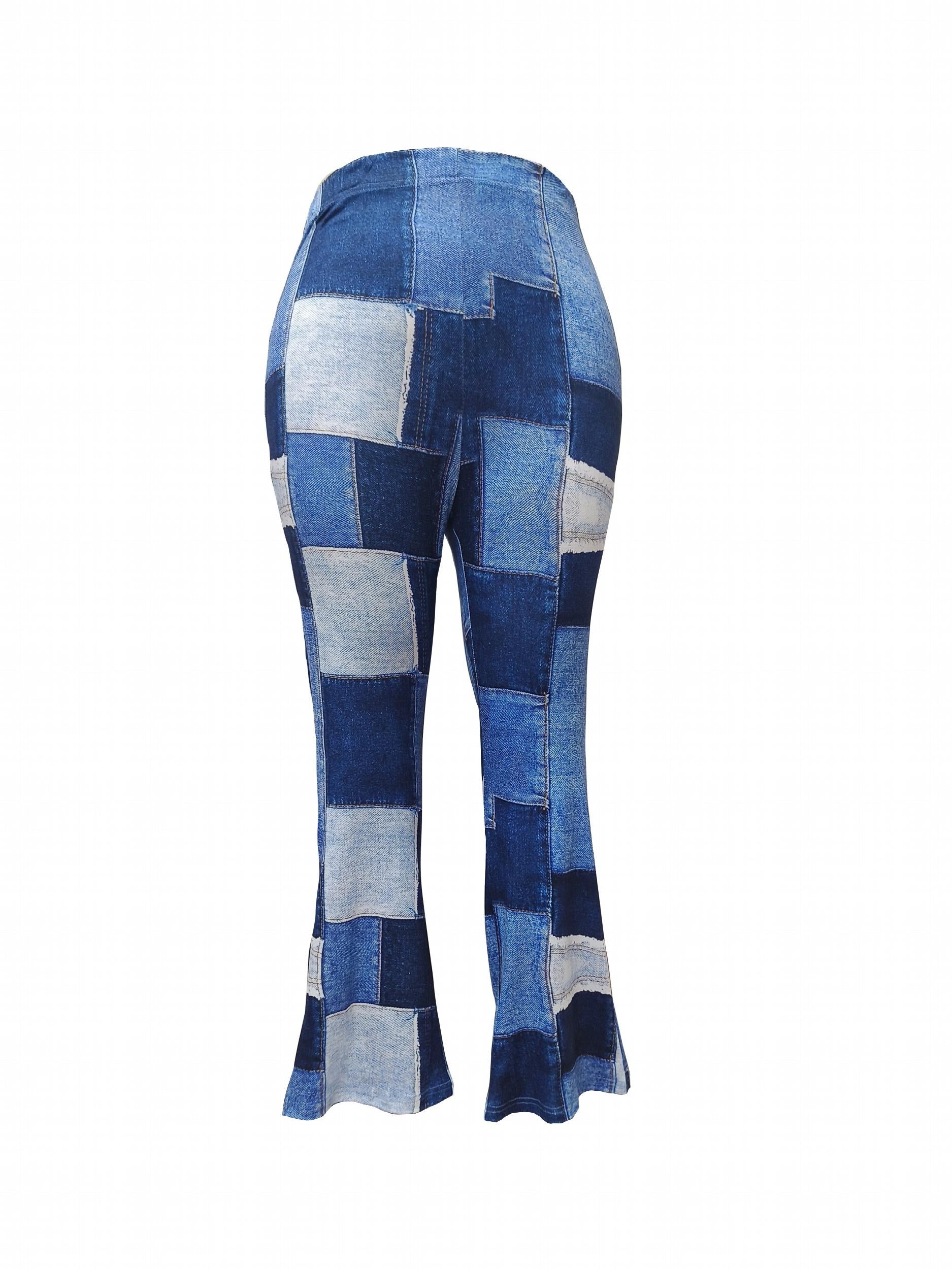  Denim Print Flared Leg High Waist Trousers