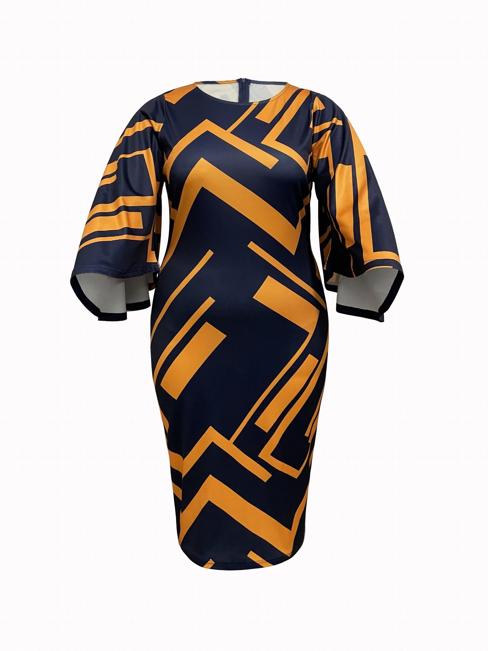  Geometric Print Round Neck Bodycon Midi Dress