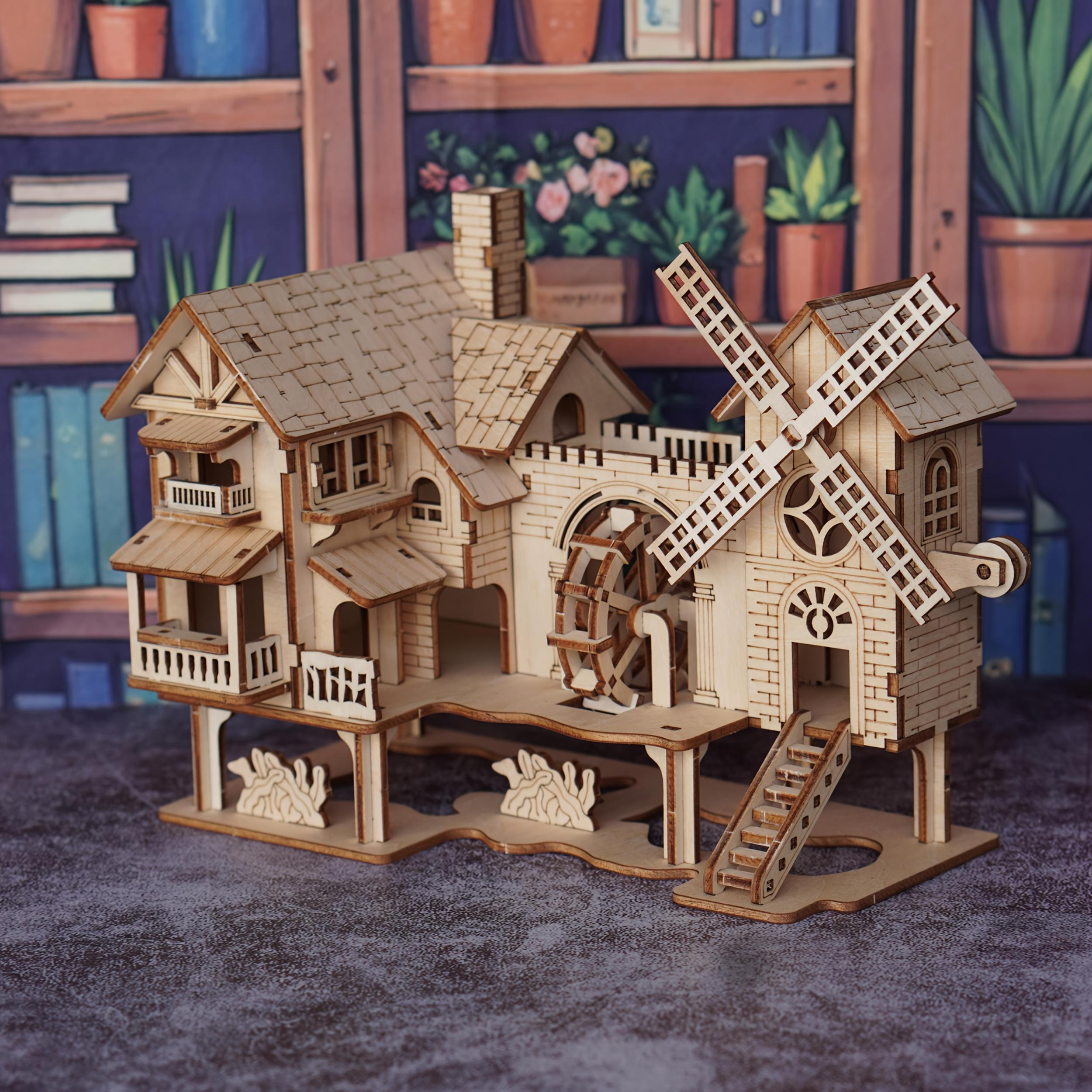 Wooden Puzzle Windmill House Model Kit DIY Puzzle Blocks Toy
