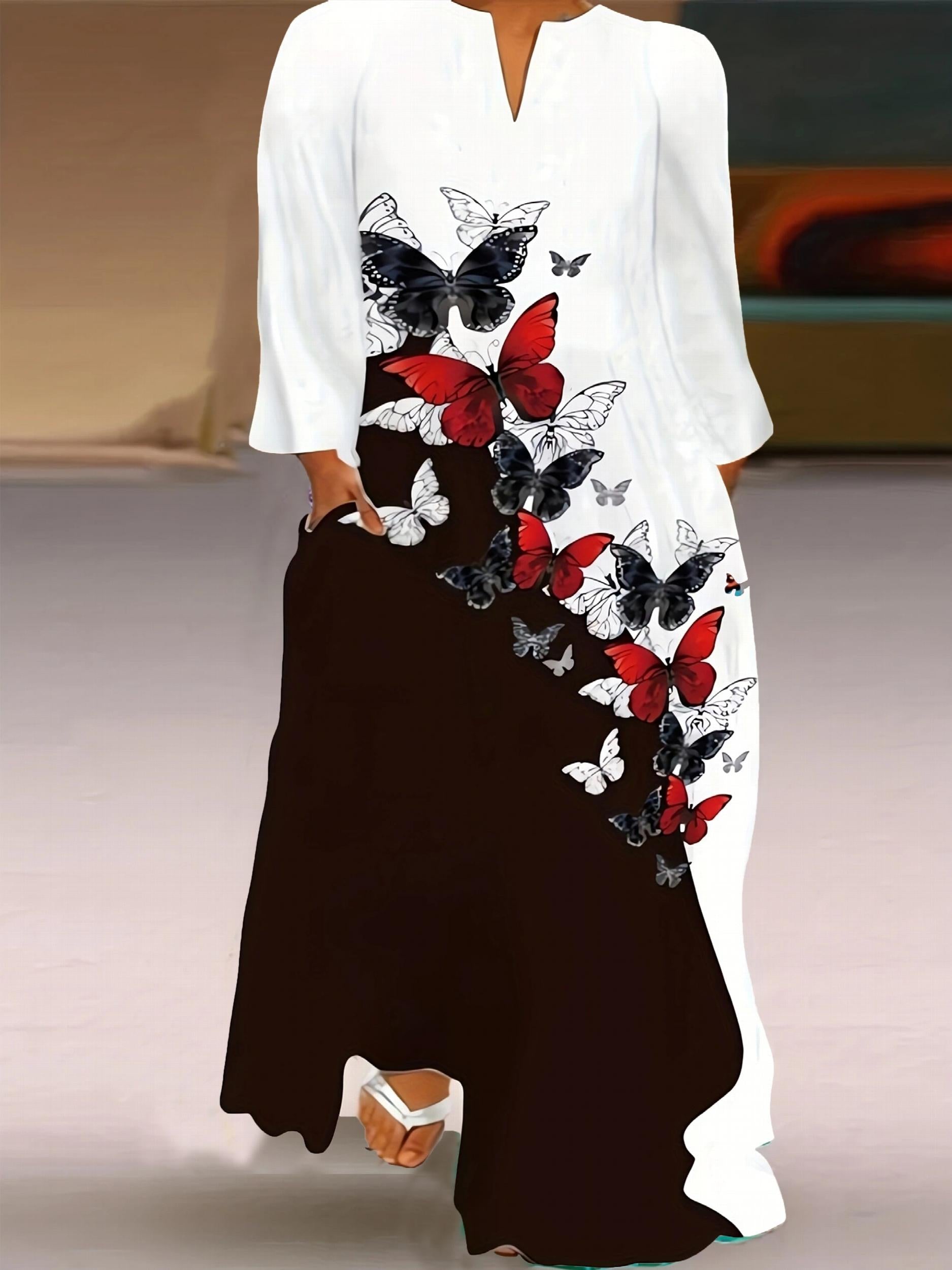  Moon & Feather Print Maxi Dress with Pockets
