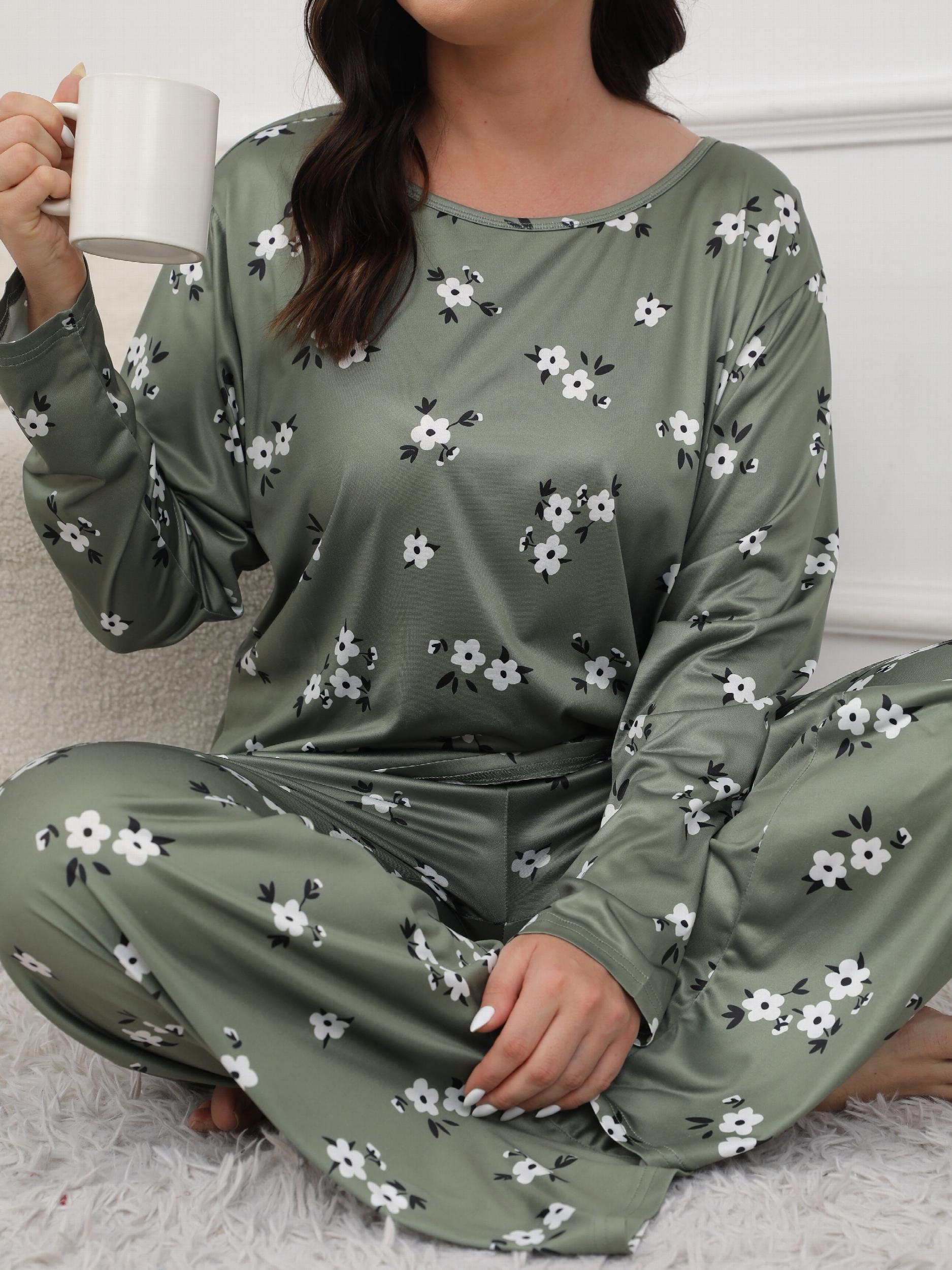  Floral Print Pajama Set Long Sleeve Tee & Pants Lounge 2 Piece