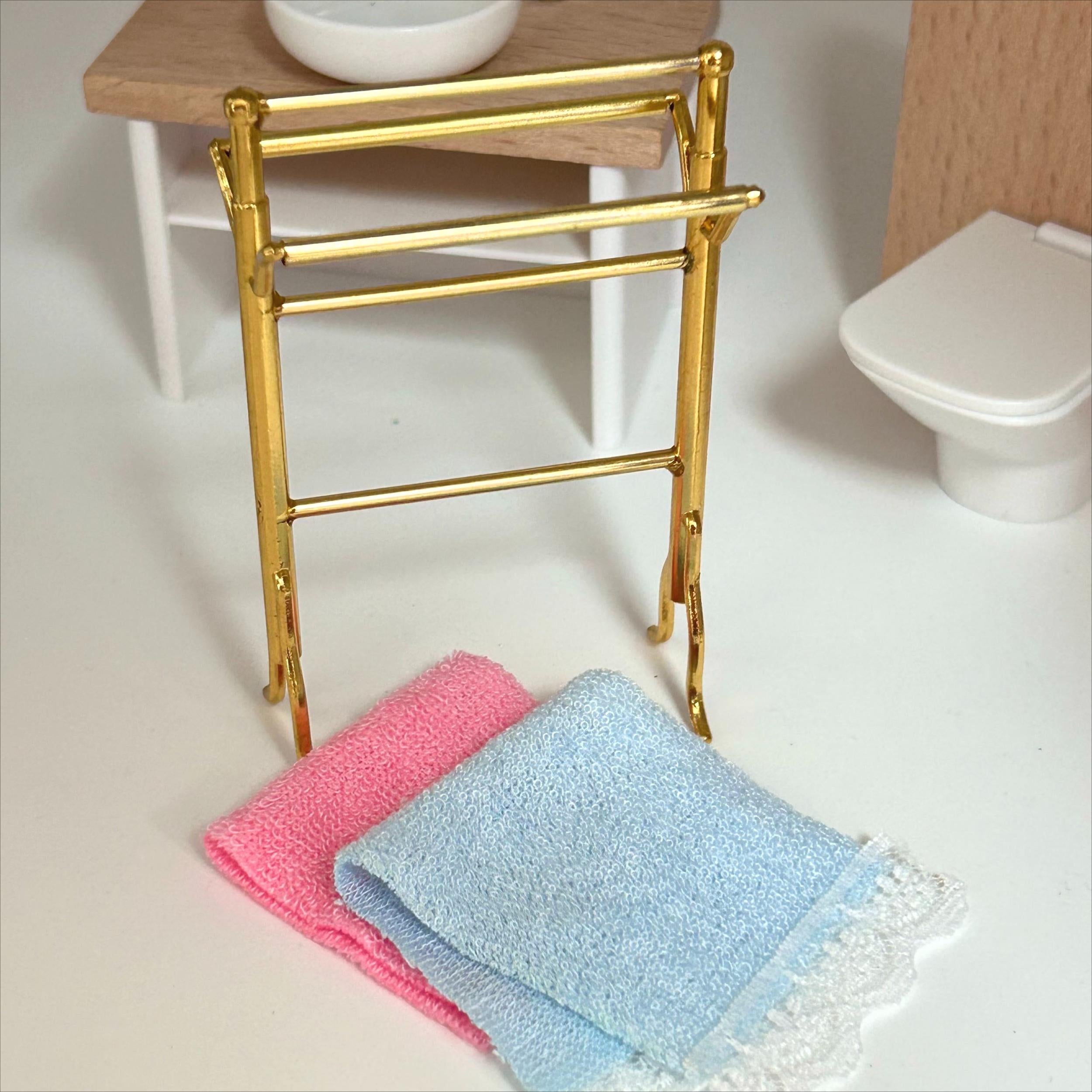 Dollhouse Golden Towel Rack Set with Pink Towels