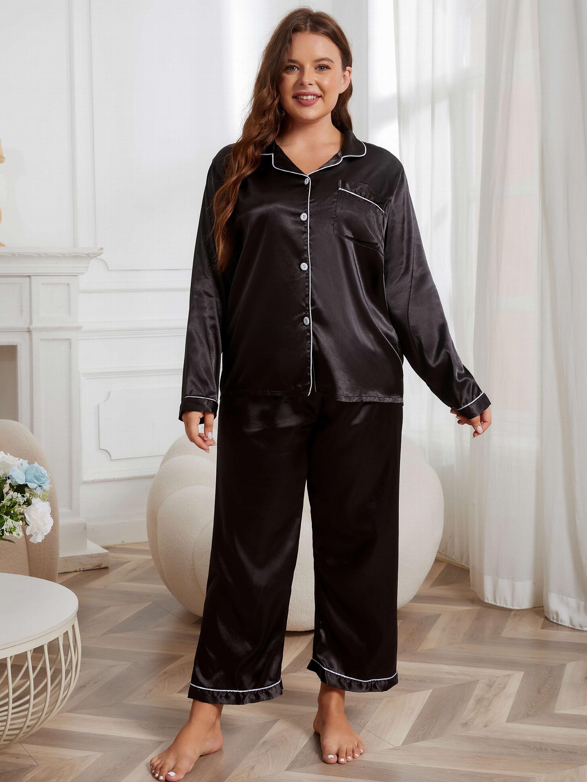  Satin Contrast Long Sleeve Shirt & Pants Set