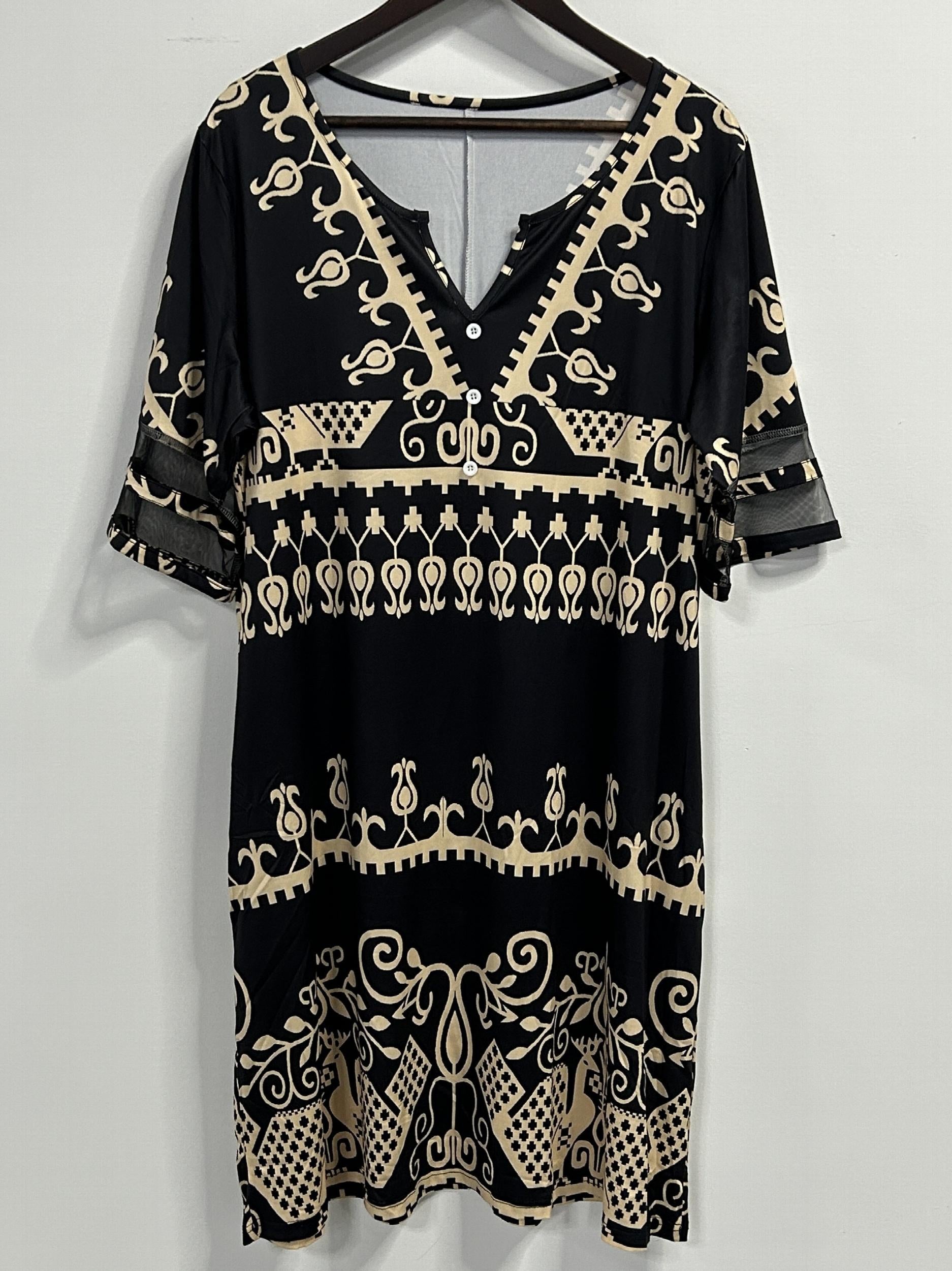  Boho Dress Women's Mesh Half Sleeve Notched Neck Dress With Pockets