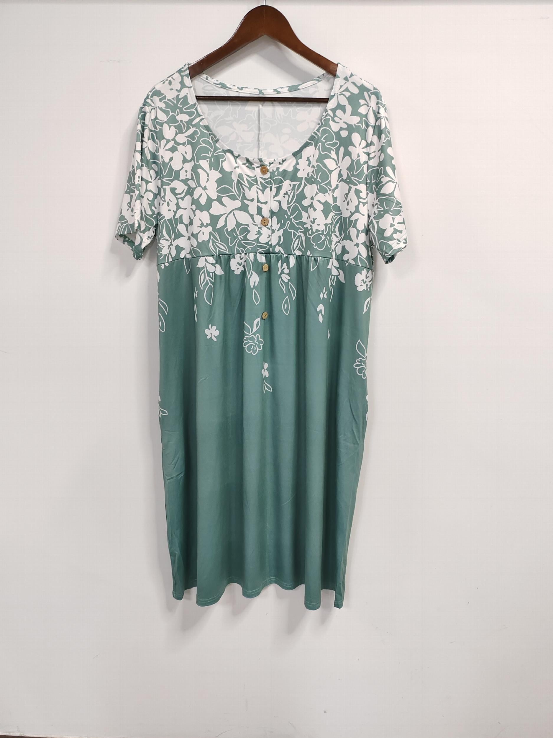  Floral Print Button Up Short Sleeve Dress With Pockets