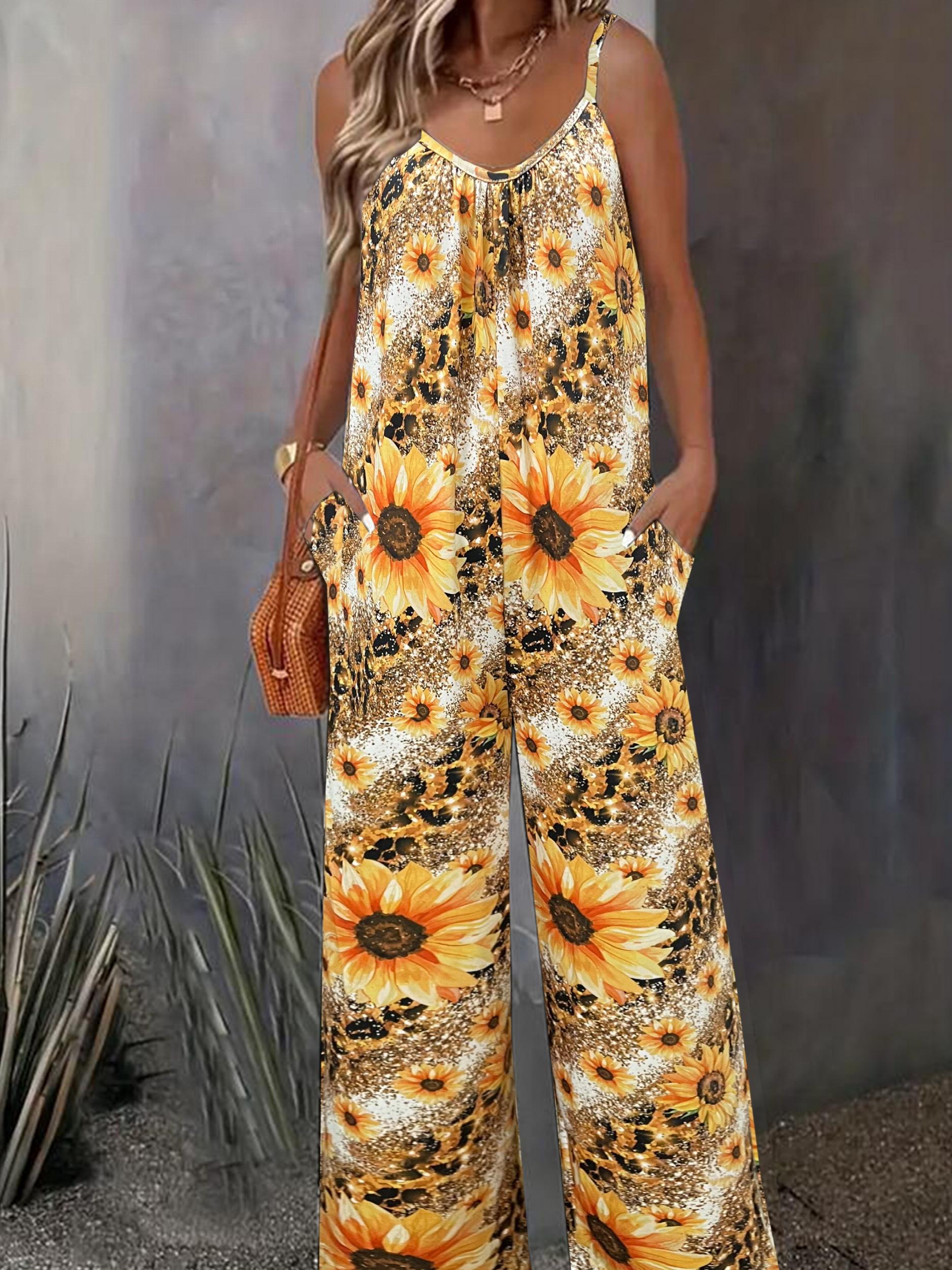  Sunflower & Leopard Print V Neck Wide Leg Cami Jumpsuit With Pockets