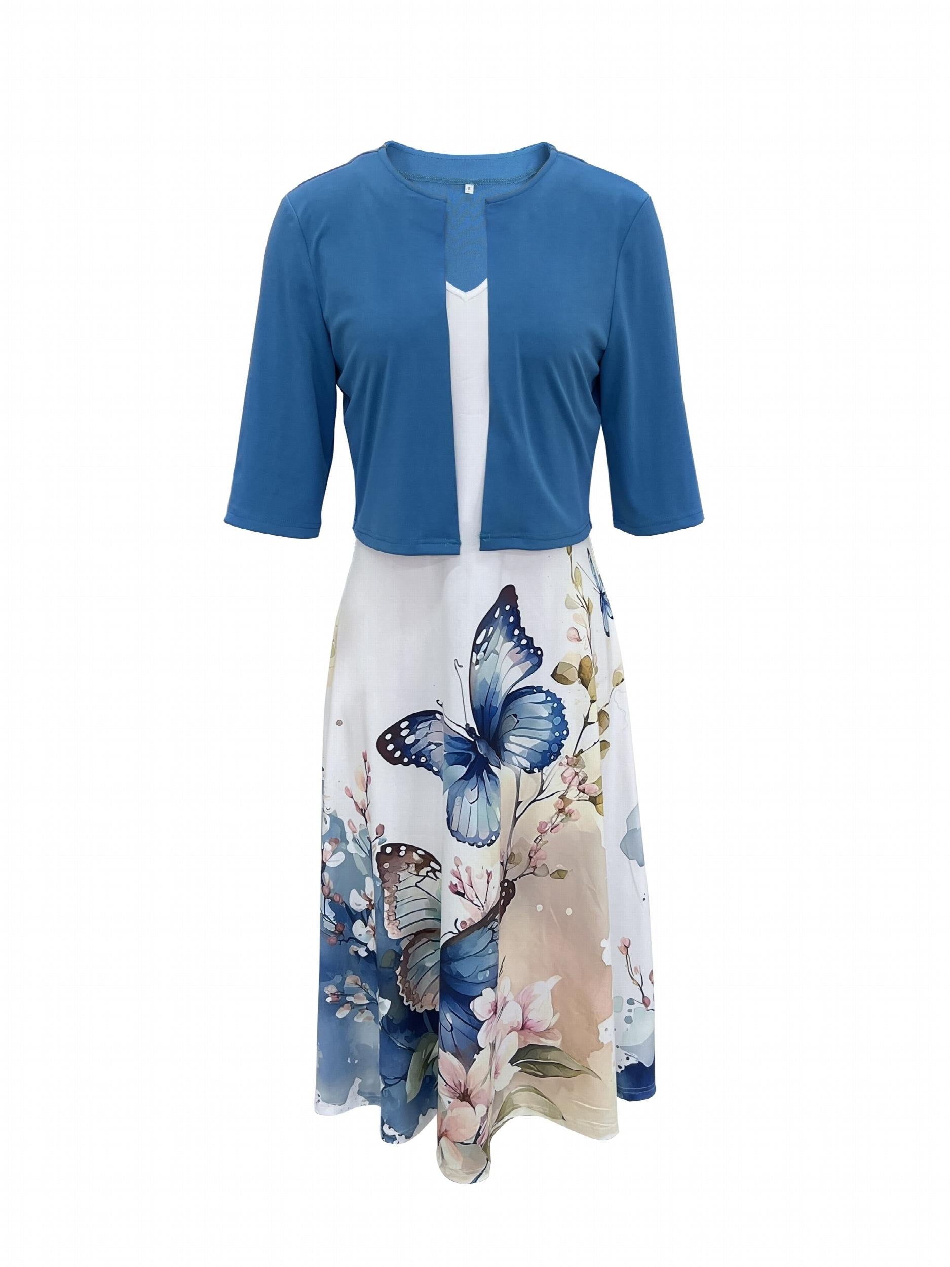 Solid Cardigan & Butterfly Print Dress Set Women's Clothing
