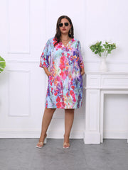 Floral Print Half Sleeve Tee Dress With Pockets