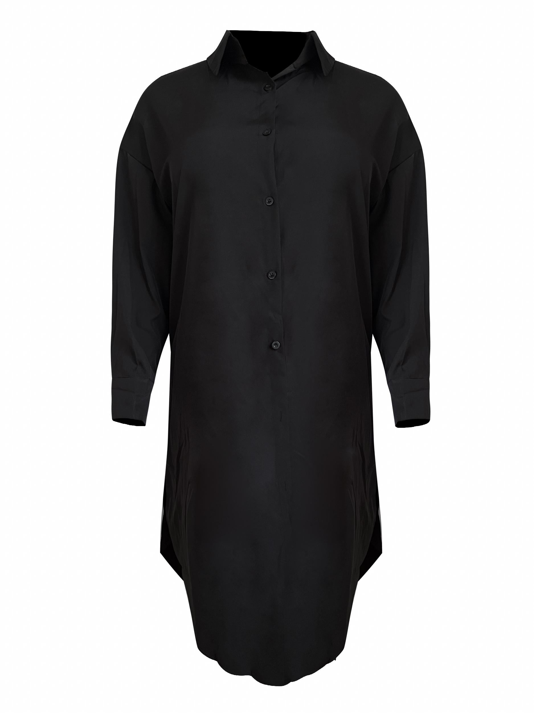 Women's Plus Solid Button Up Lantern Sleeve Midi Shirt Dress