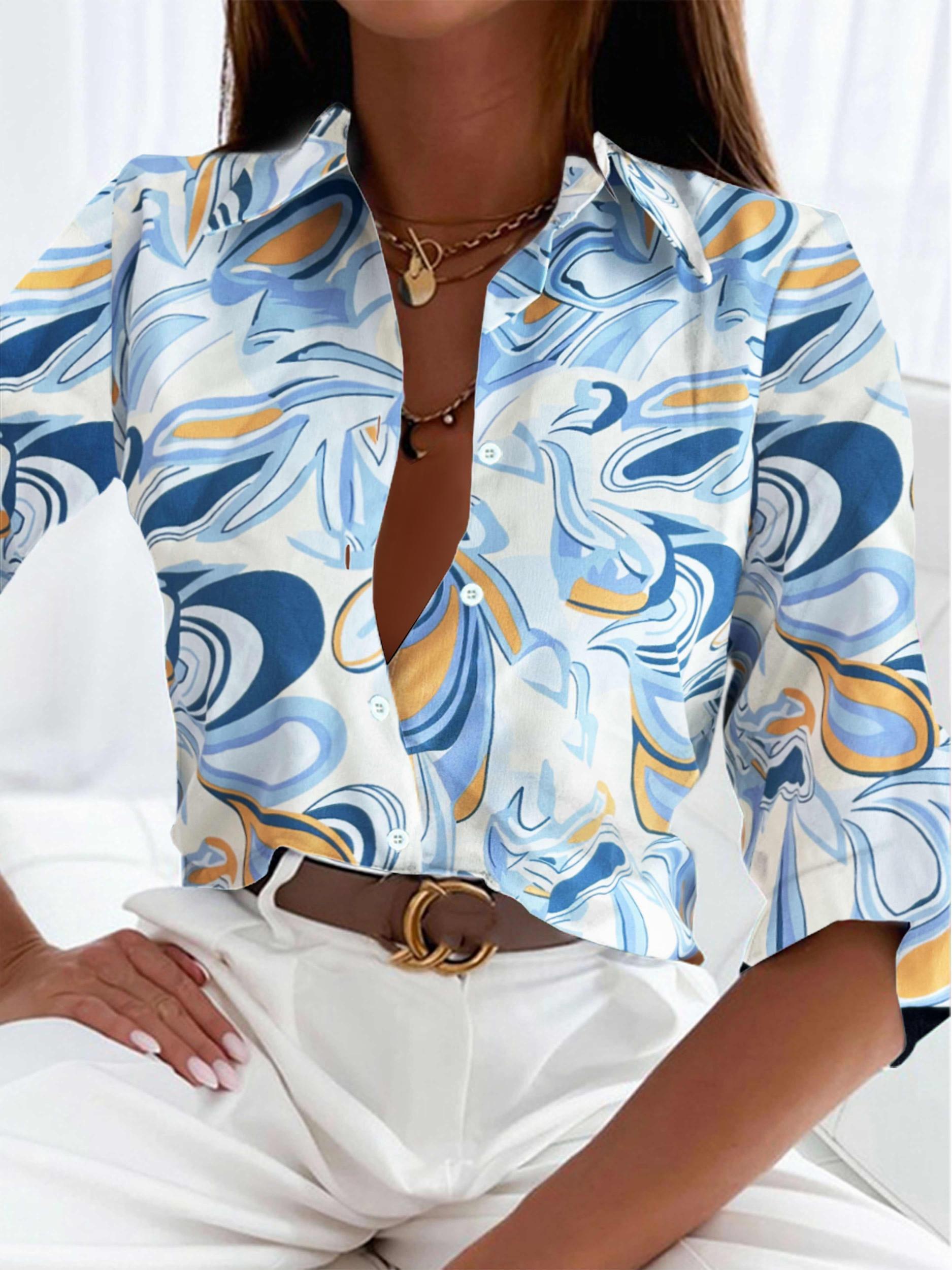  Women's Graphic Print Long Sleeve Button Up Shirt