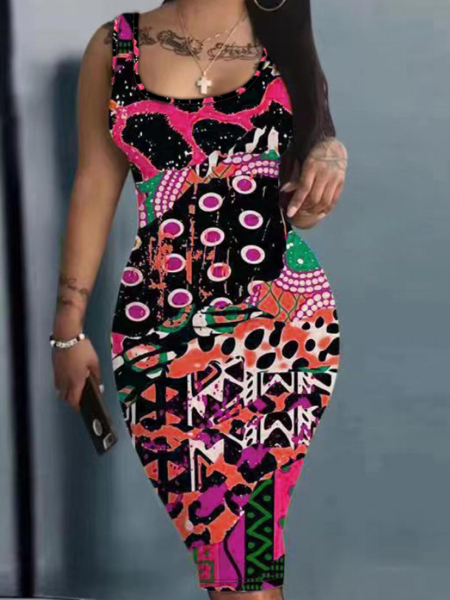  Casual Dress Women's Plus Print Round Neck Midi