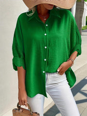  Women's Solid Textured Button Up Long Sleeve Blouse