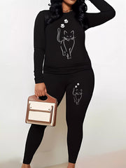 Women's Plus Cat Print 2 Piece Set