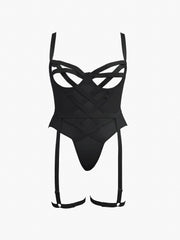  Open Cup Crisscross Mesh Gartered Teddy Bodysuit